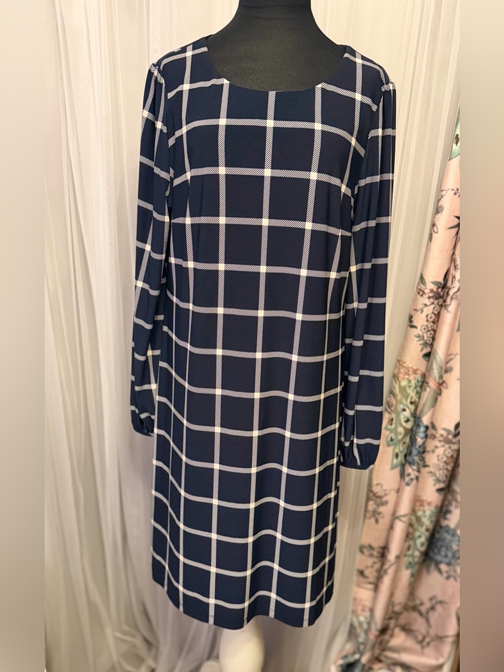 Tommy Hilfiger Navy White Windowpane Plaid Shift Dress Size 14